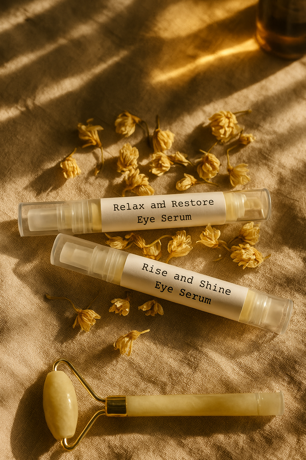 Two eye serum tubes labeled 'Relax and Restore' and 'Rise and Shine' on a textured surface with dried flowers.