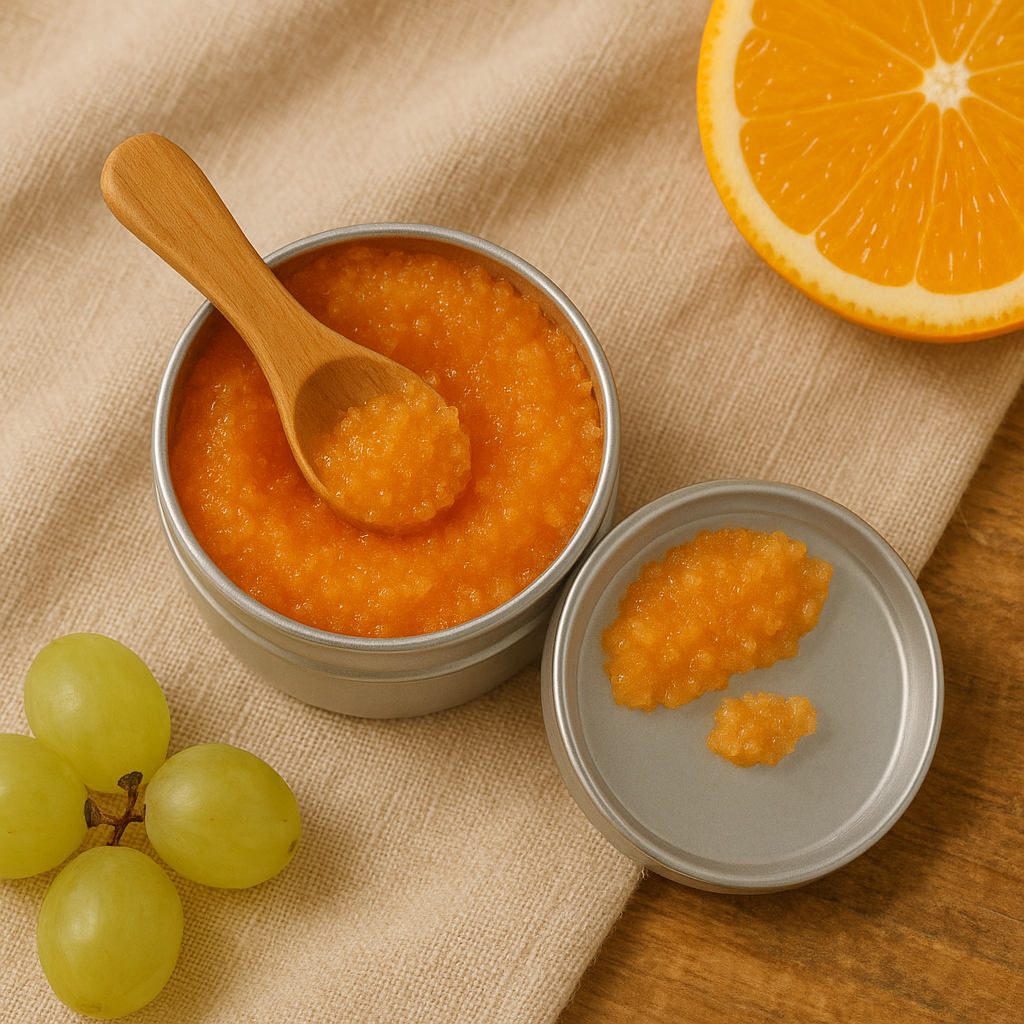 Jar of orange spread with a wooden spoon, grapes, and an orange slice on a beige cloth.