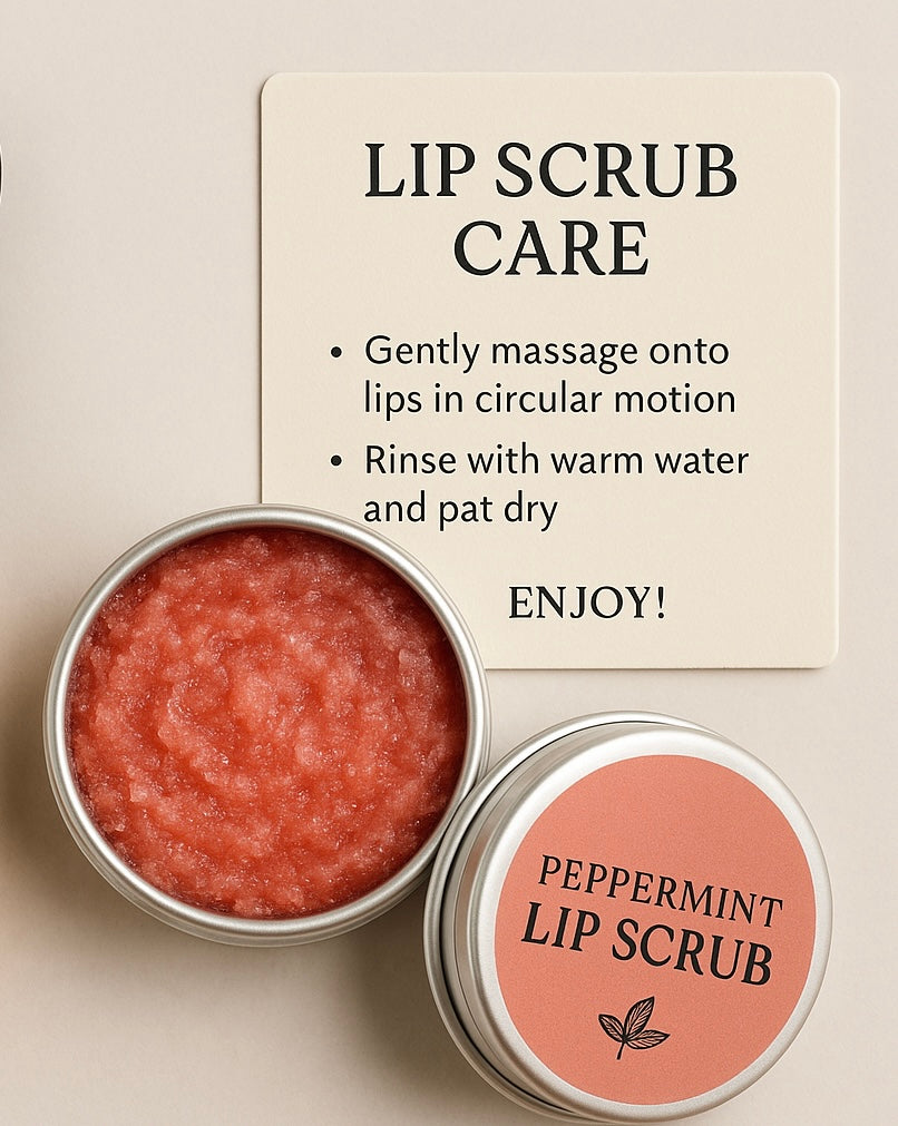 Peppermint lip scrub in a tin with instructions on a beige background