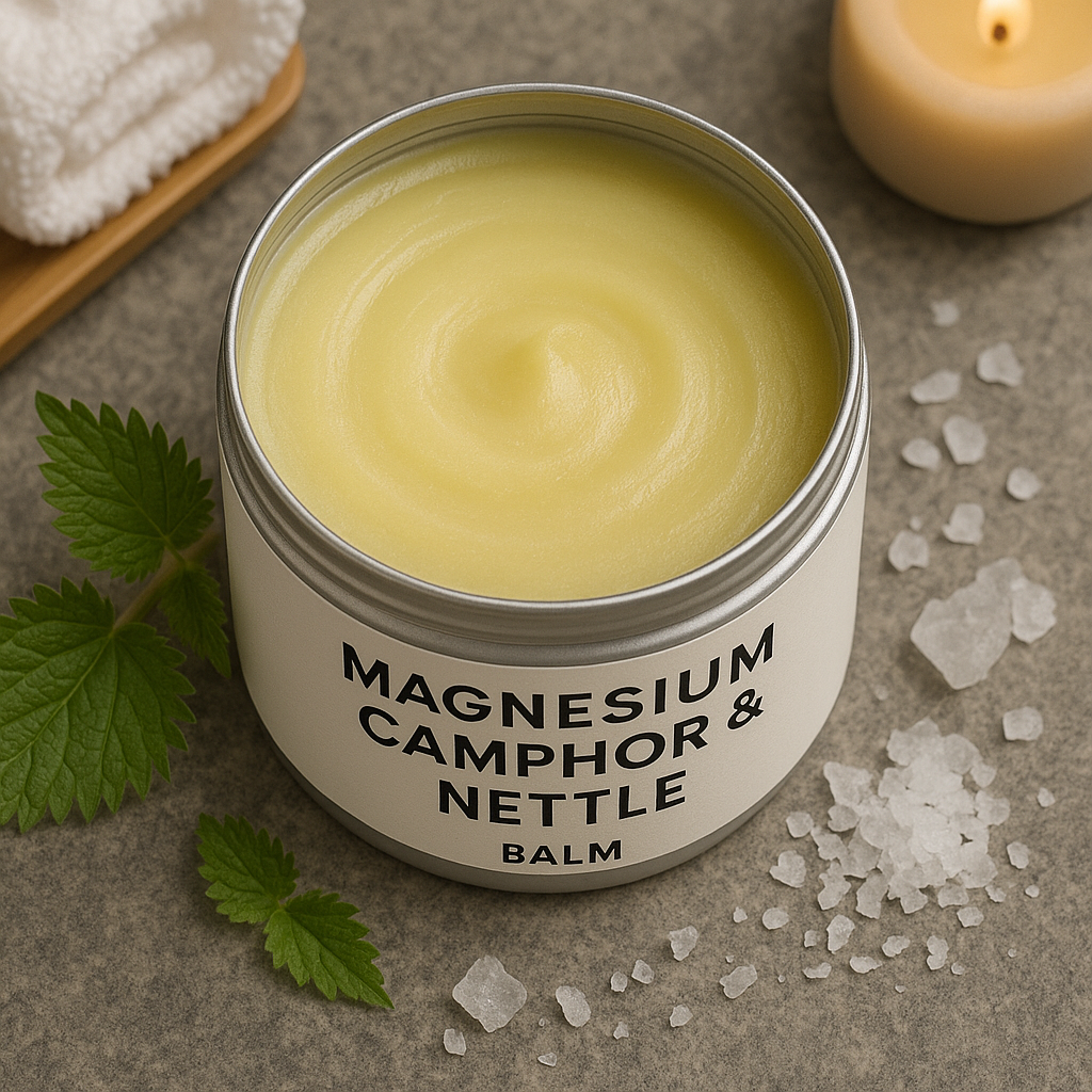 Balm container labeled 'Magnesium Camphor & Nettle Balm' on a textured surface with leaves and crystals.