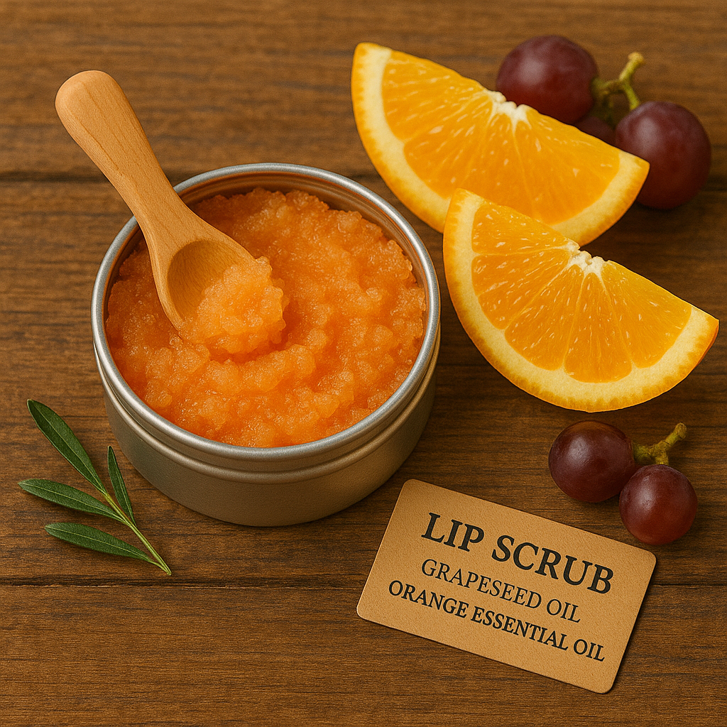 Lip scrub in a container with a wooden spoon, orange slices, and grapes on a wooden surface.