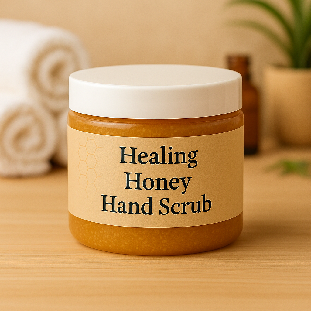 Jar of Healing Honey Hand Scrub on a wooden surface with a neutral background