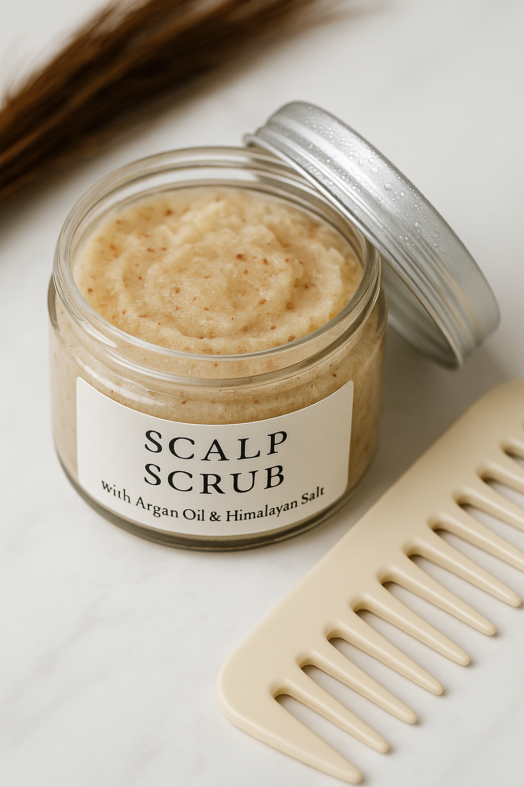 Open jar of scalp scrub with wooden comb – detoxifying and nourishing scalp care.