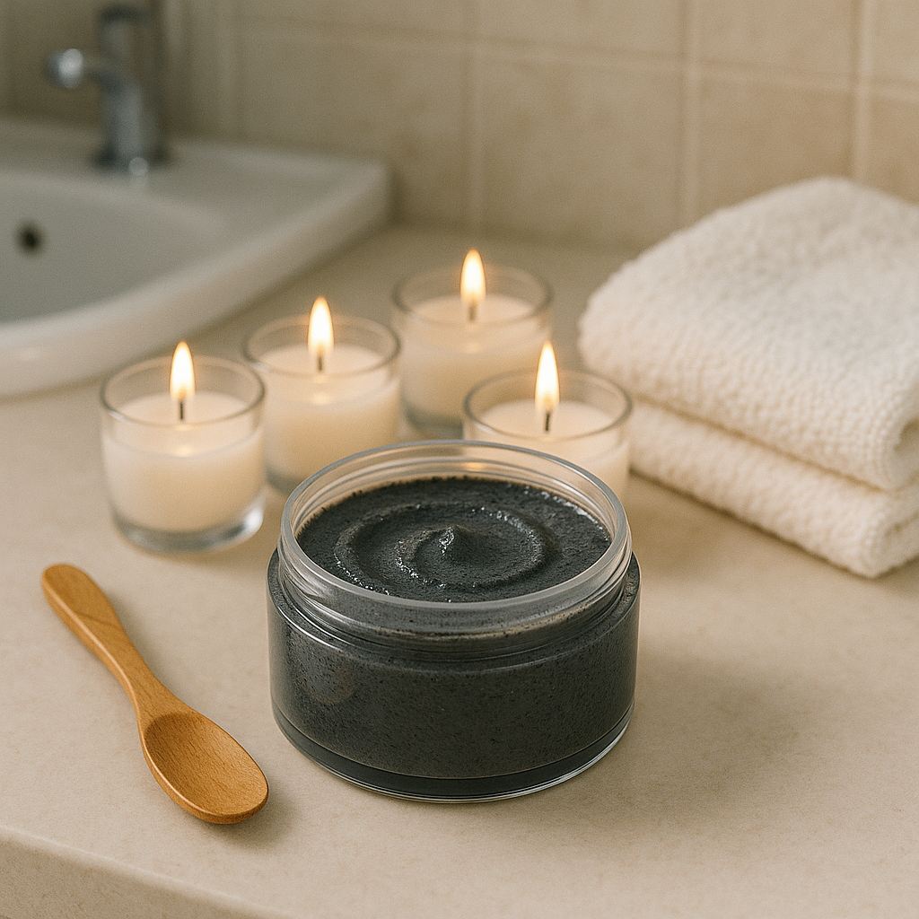 Handmade detoxifying face scrub with charcoal and kaolin clay for clear skin