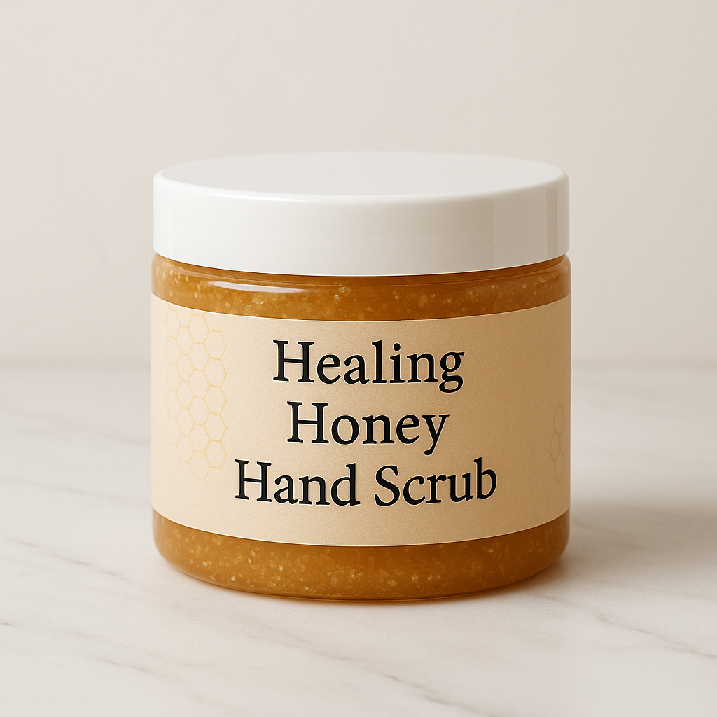 Jar of Healing Honey Hand Scrub on a light background