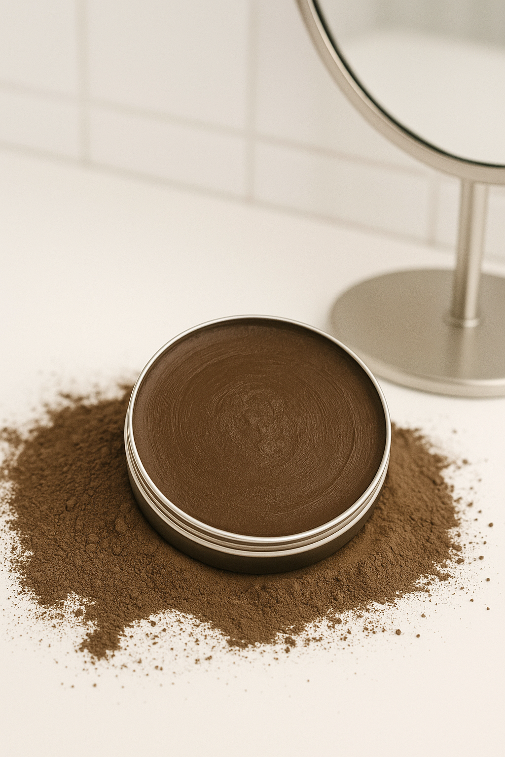 Close-up of Rhassoul Clay Cleansing Balm jar with clay powder scattered around – natural deep cleansing face balm for skincare routine.