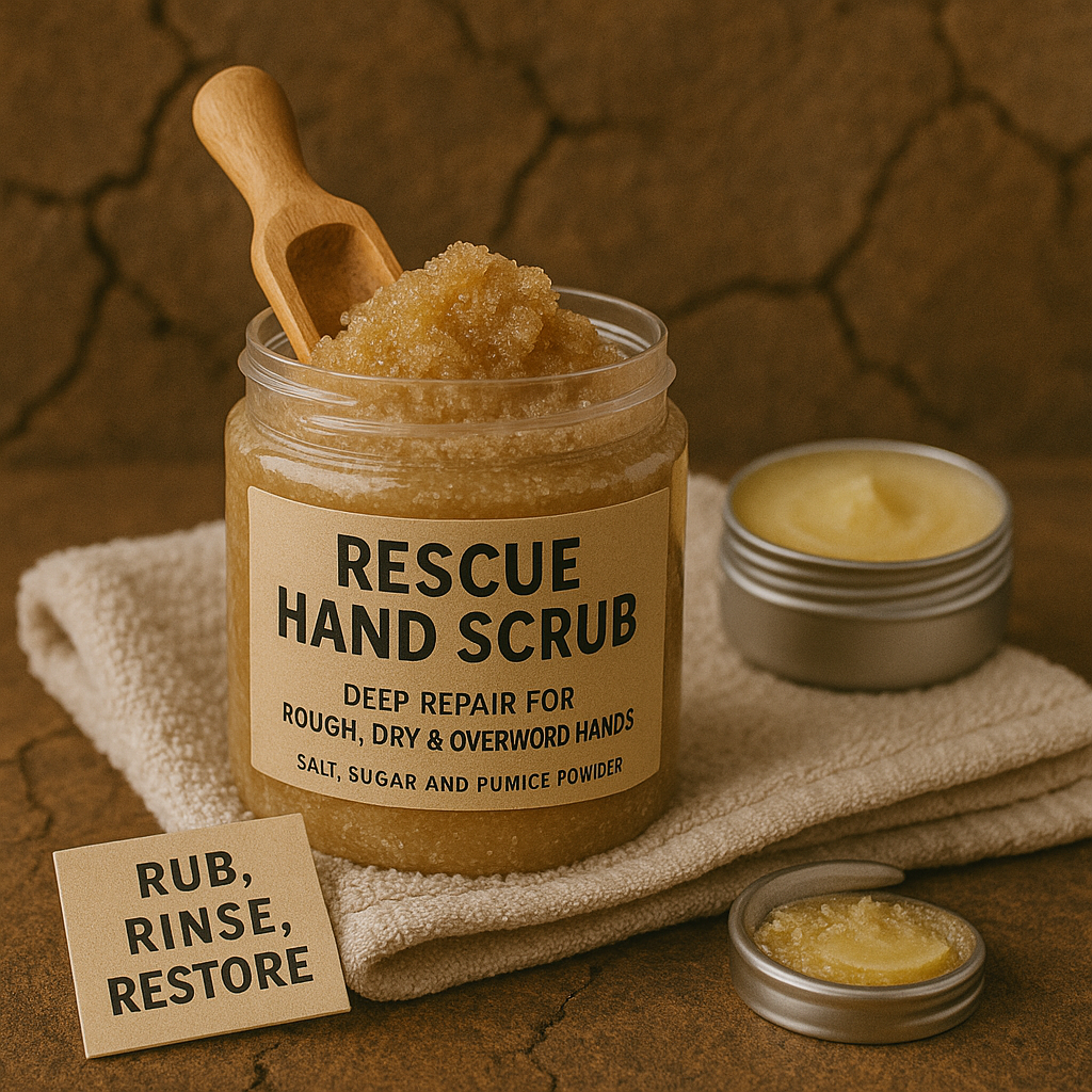 Rescue Hand Scrub jar with label for rough, dry, and overworked hands