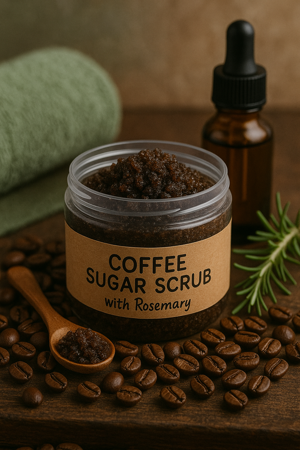 Jar of coffee sugar scrub with rosemary on a wooden surface with coffee beans and a dropper bottle.
