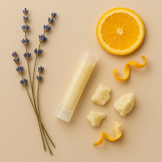 Lavender sprigs, orange slices, and beeswax pellets arranged beside a natural lip balm tube.