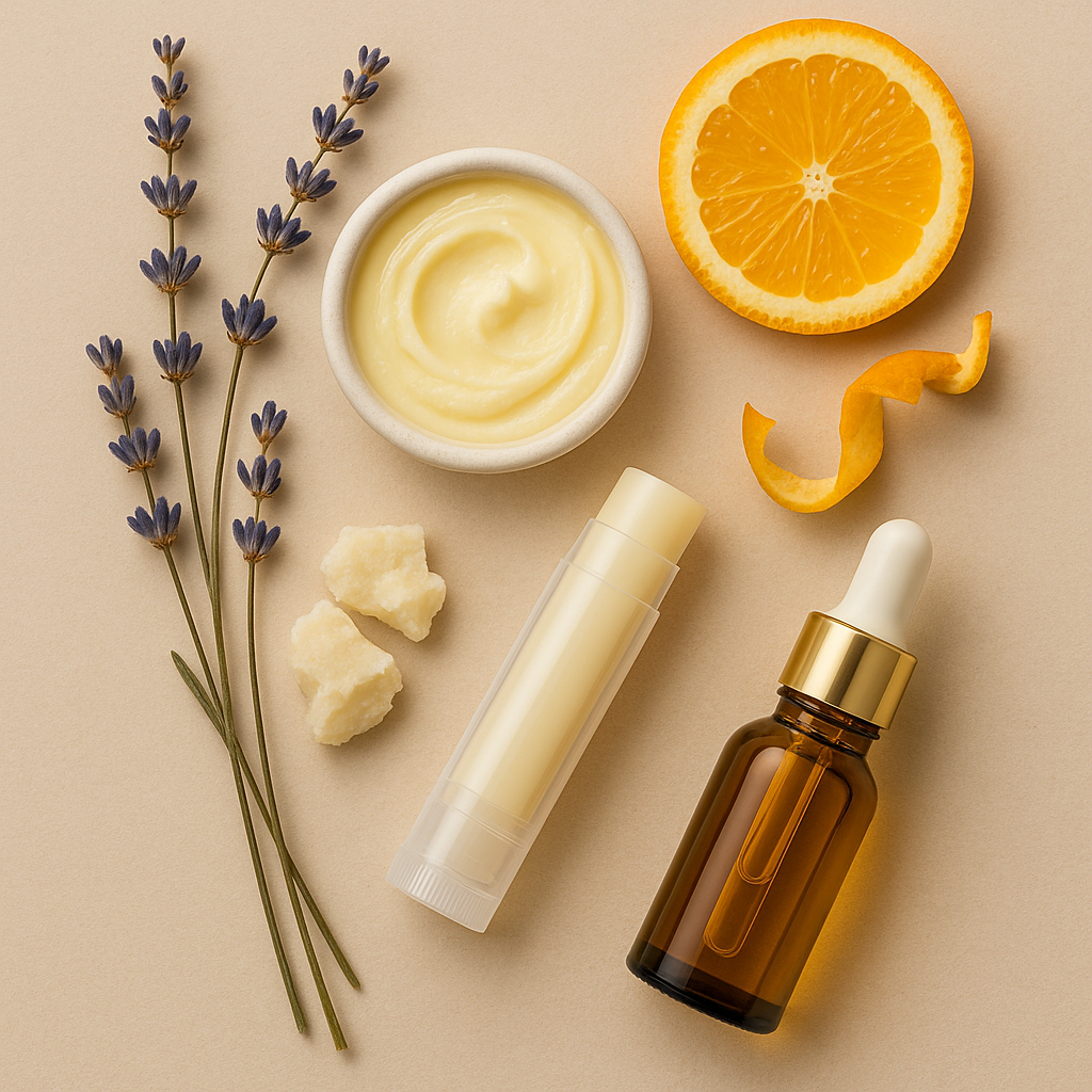 Lavender sprigs, orange slices, beeswax pellets, and a brown glass dropper bottle arranged on a beige surface.