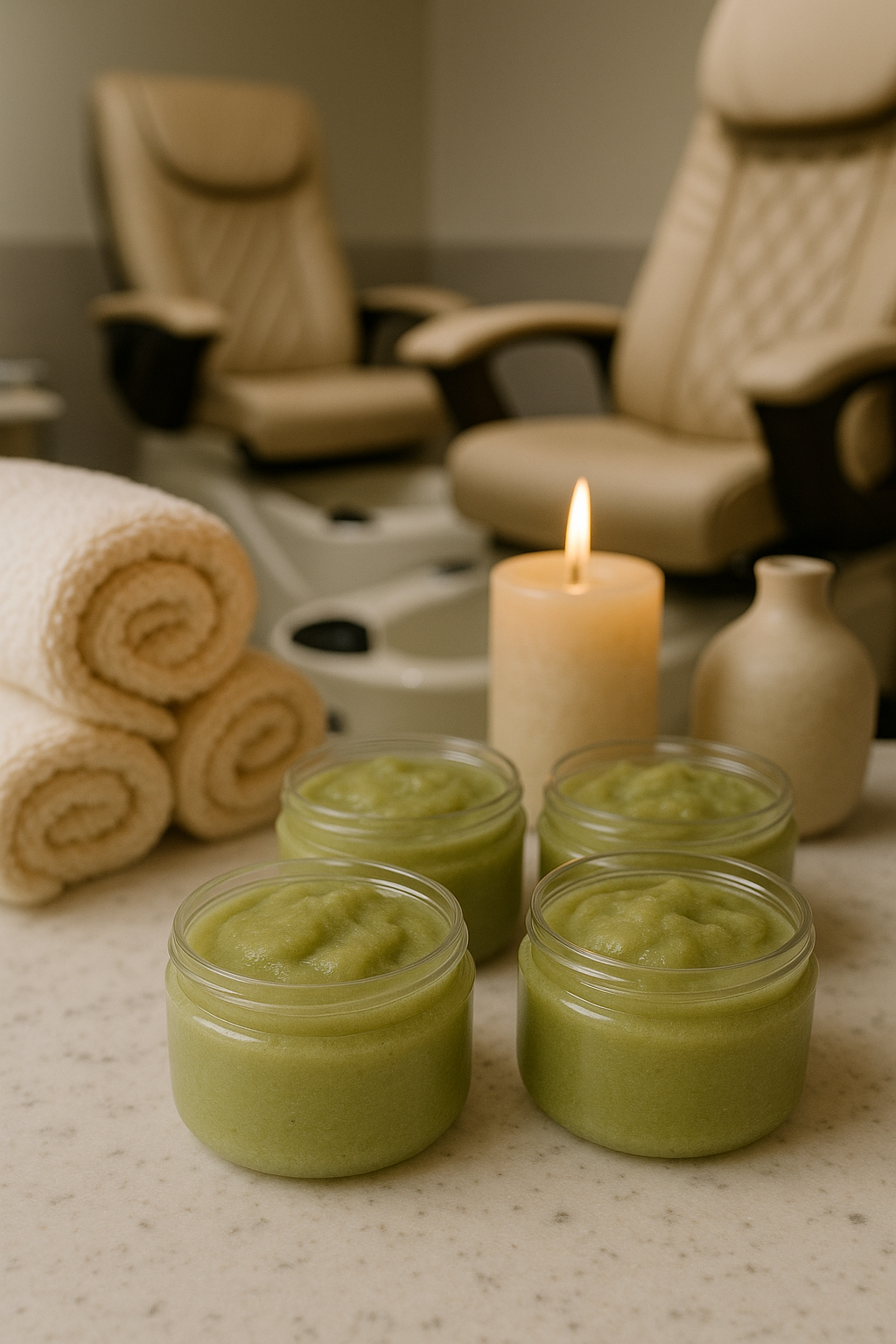 Natural foot scrub with shea butter, almond oil, and essential oils – refresh and soften dry feet.
