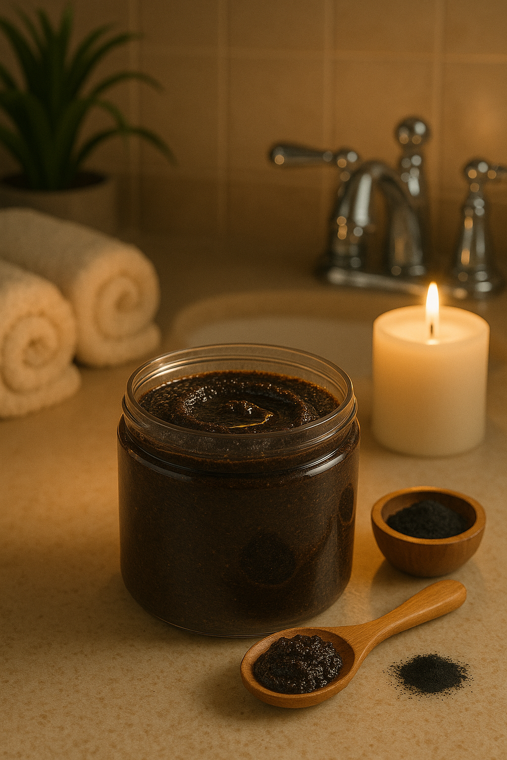Jar of charcoal and coffee scrub on a bathroom counter with lit candle, rolled towels, and wooden spoon.