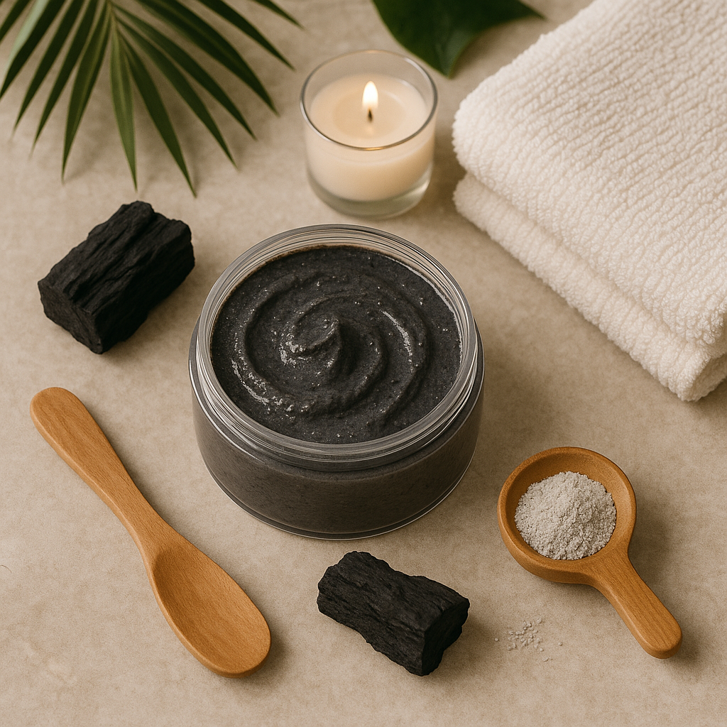 Charcoal and pumice face scrub in spa setting, natural deep cleansing exfoliator