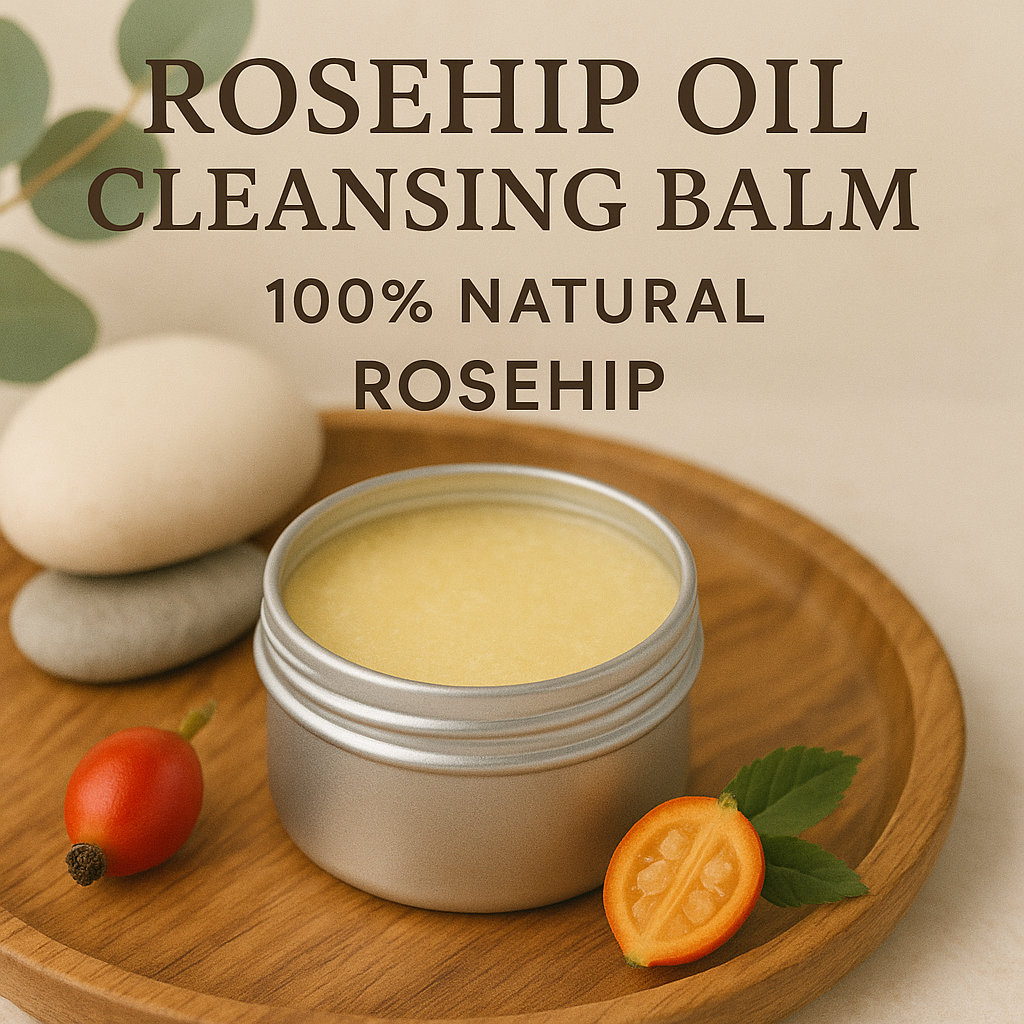 Rosehip Oil Cleansing Balm in tin jar on wooden board