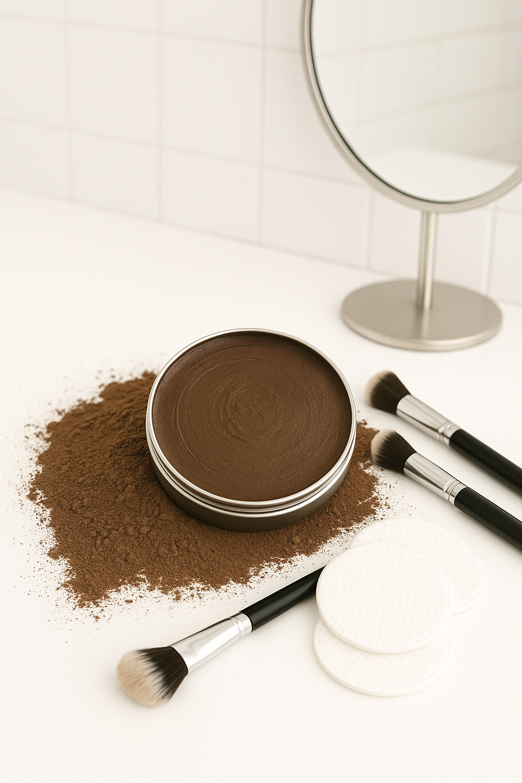 Rhassoul Clay Cleansing Balm in a glass jar, surrounded by loose clay powder and makeup brushes, placed in front of a mirror – natural facial cleanser and makeup remover.