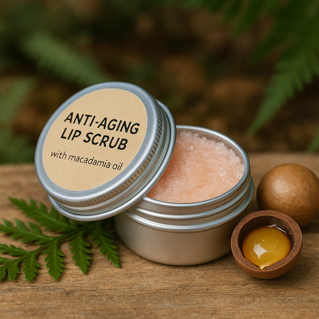 Anti-aging lip scrub with macadamia oil on a wooden surface with green leaves and a macadamia nut.