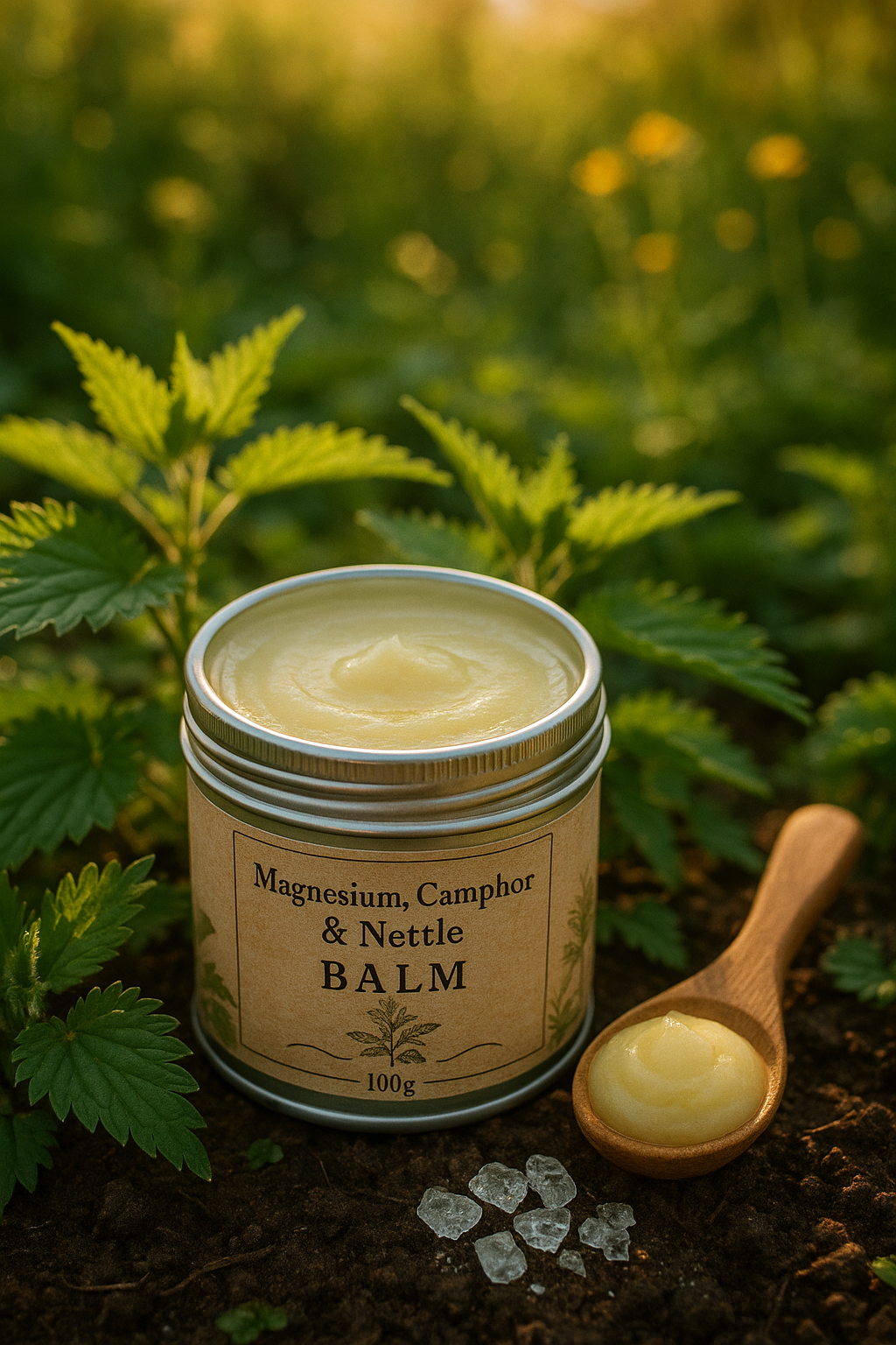 nettle Balm jar with a wooden spoon filled with balm, surrounded by greenery