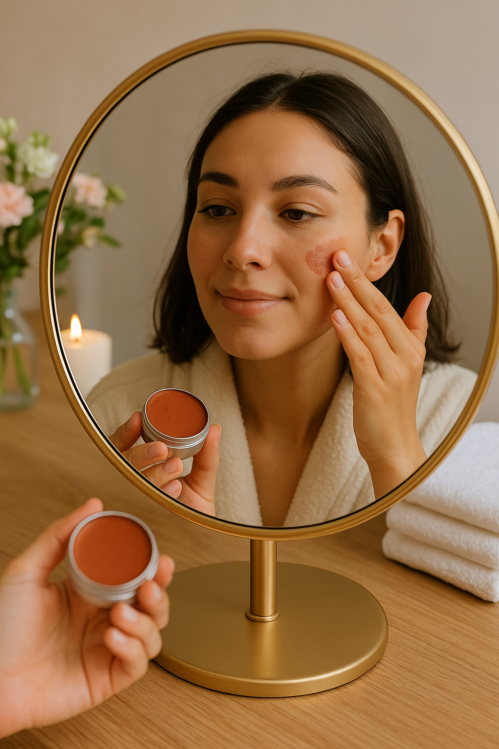 Woman applying cleansing balm to her face in front of a mirror, smiling and wearing a headband.