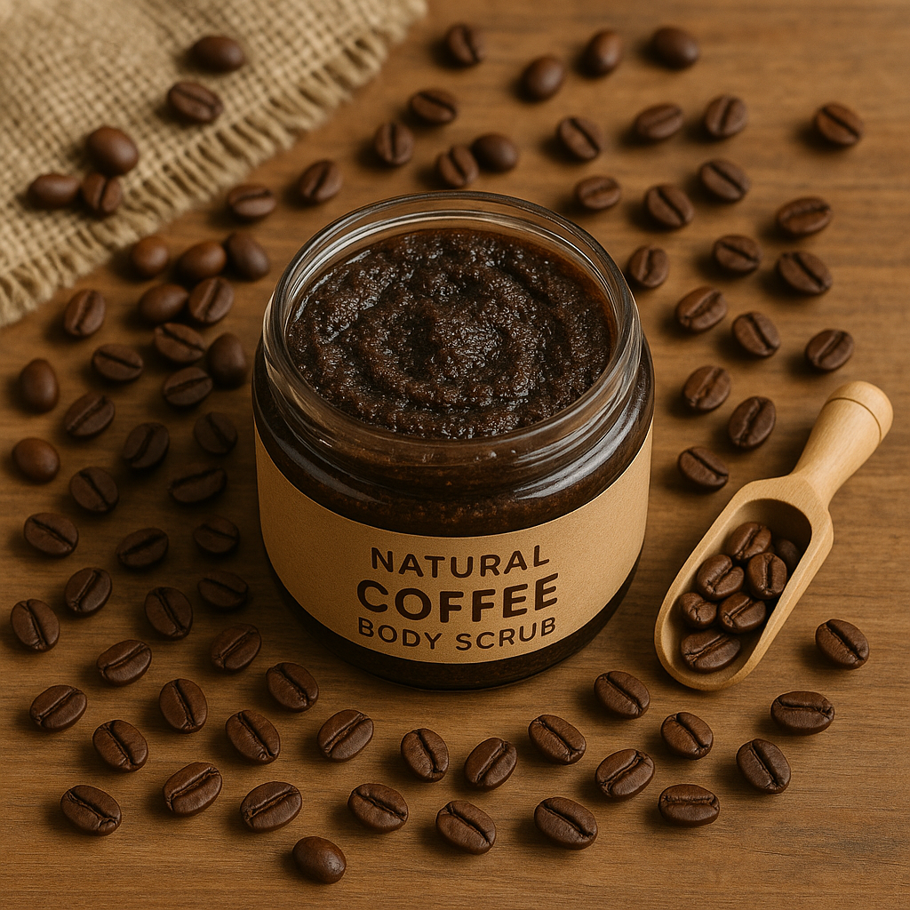 Jar of natural coffee body scrub surrounded by coffee beans on a wooden surface