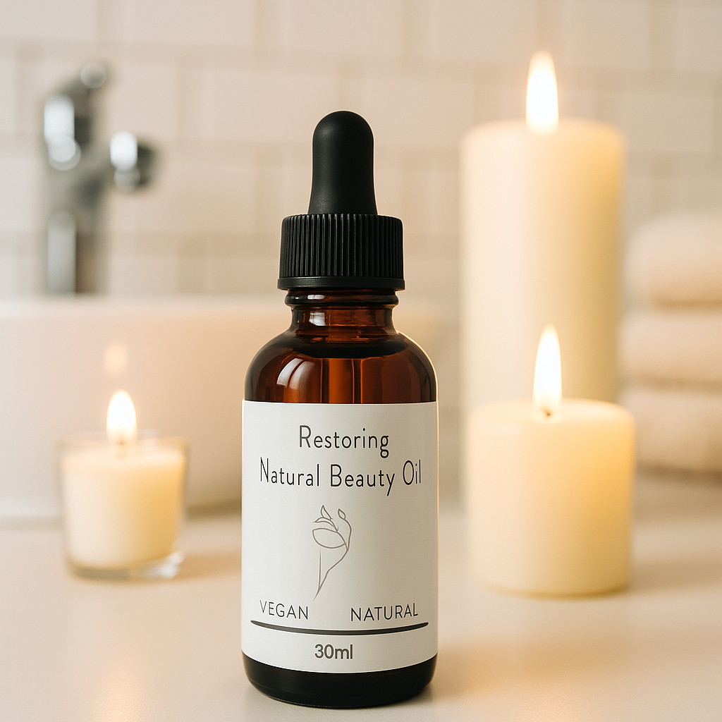Glass dropper bottle of Nourishing Face and Body Oil with macadamia, rosehip, avocado, and vitamin E, placed on a wooden stand.