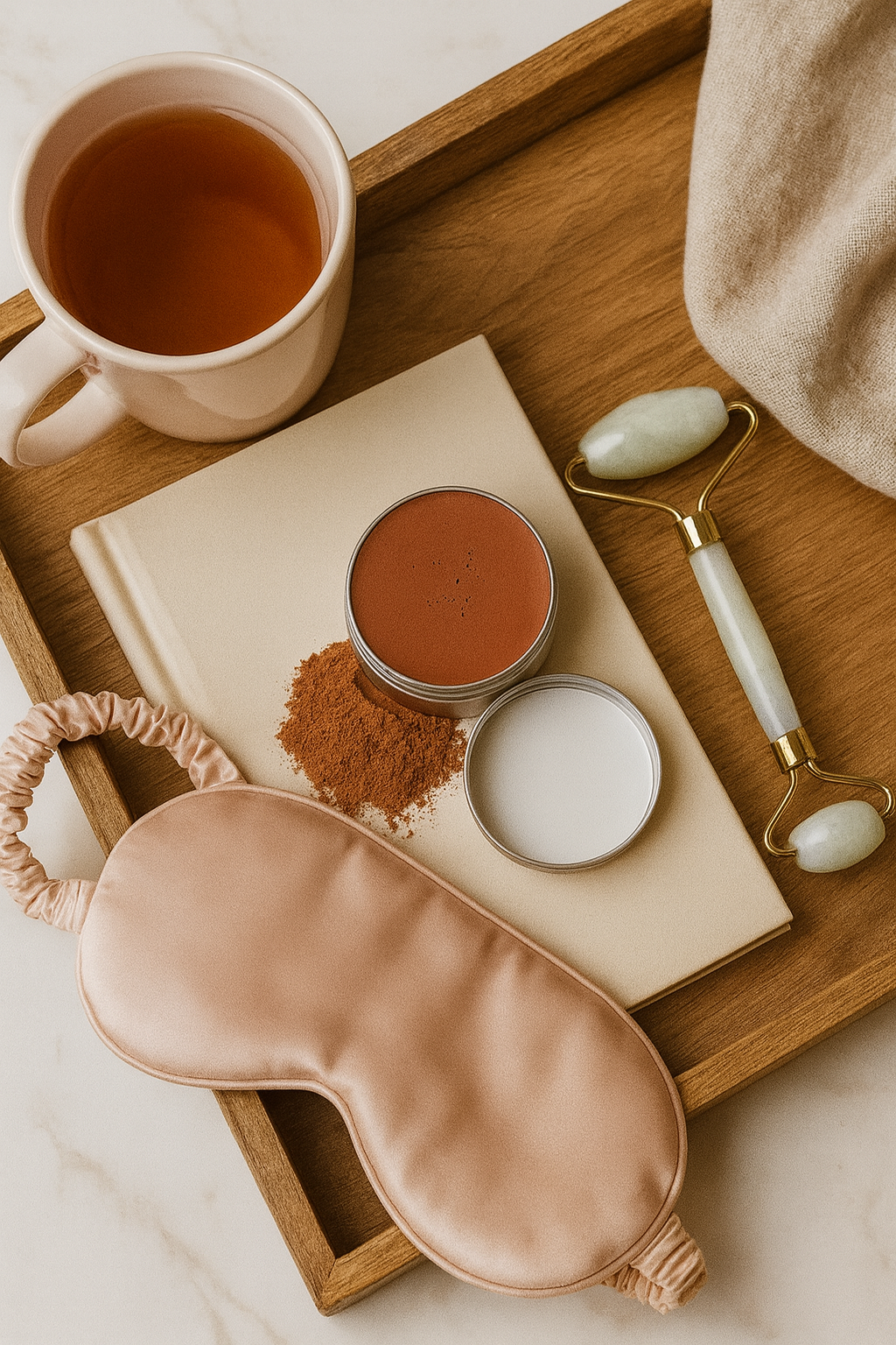 Flat lay of red clay cleansing balm tin with skincare tools, a cup of tea, and spa accessories on a wooden surface.