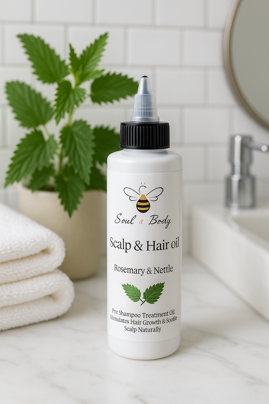 Herbal hair and scalp treatment oil infused with rosemary and nettle, promotes healthy hair and soothes dry scalp.