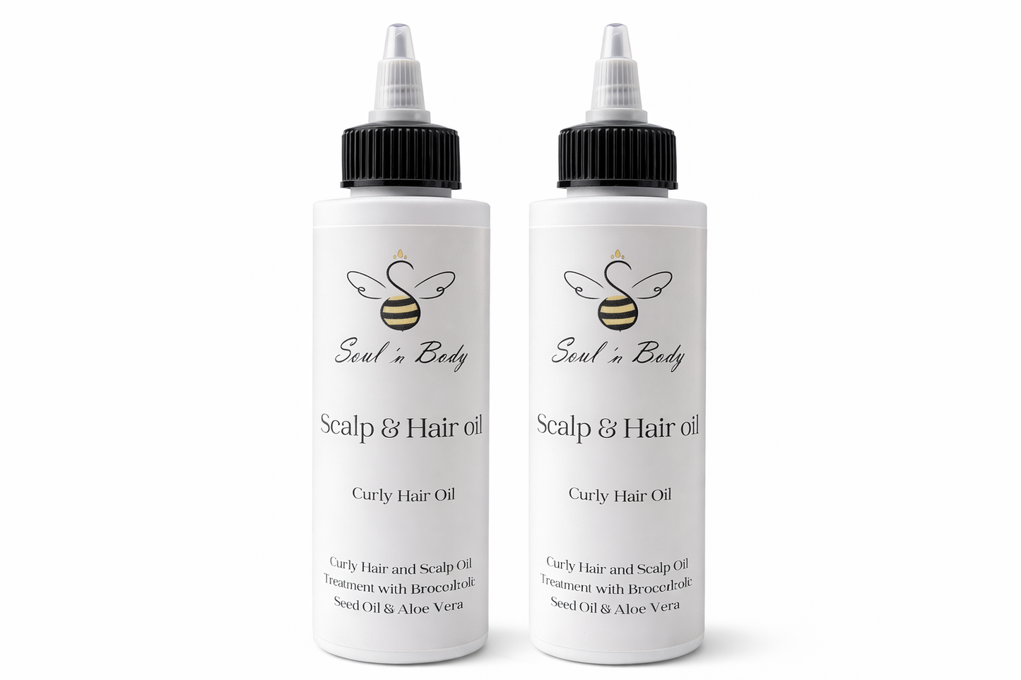 Two bottles of Scalp and Hair Oil Soul n Body on a white background