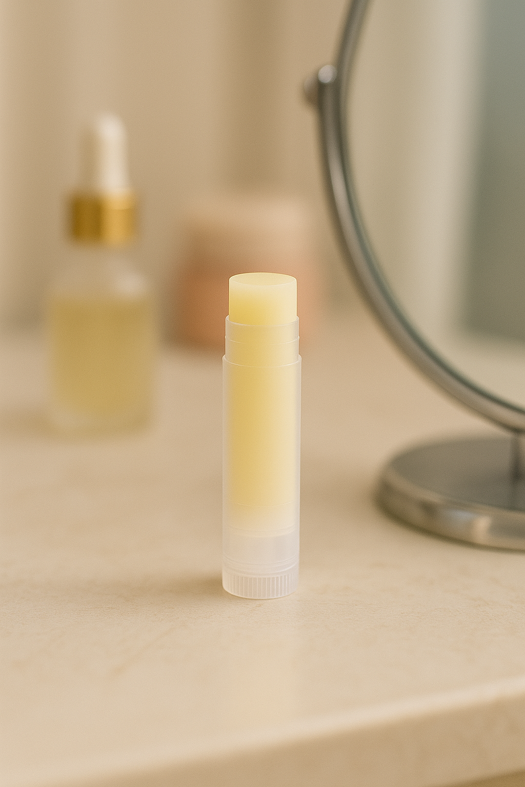 Natural lip balm tube standing on a neutral surface with a small jar in the background.