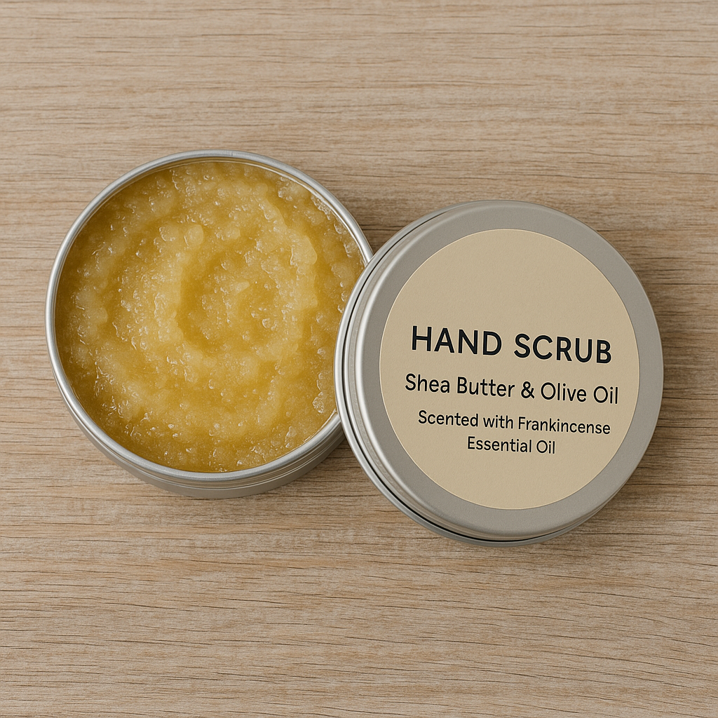 Open jar of mature skin hand scrub on wooden table with frankincense essential oil bottle