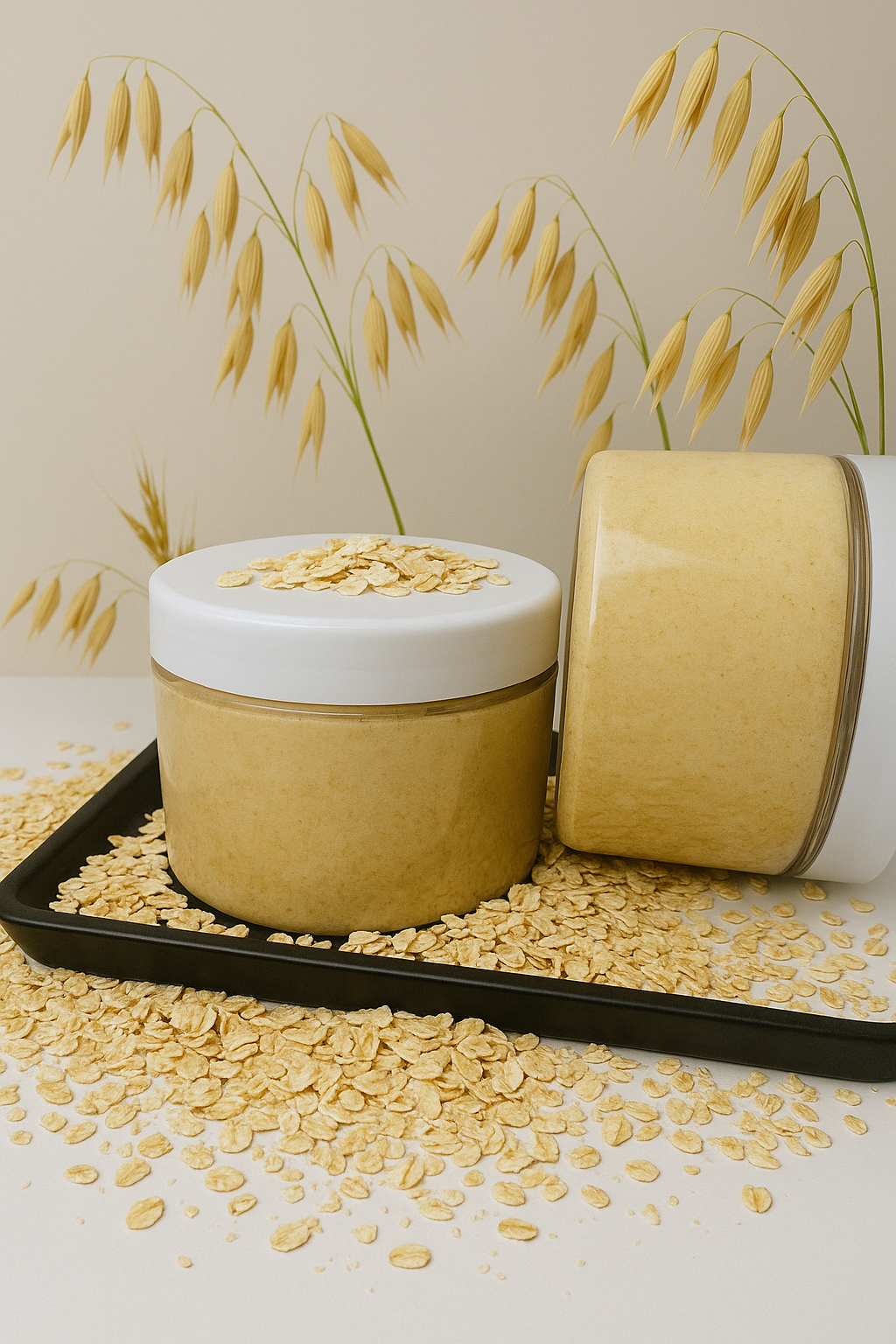 Two jars with oatmeal on a tray with scattered oats and oat stalks in the background.