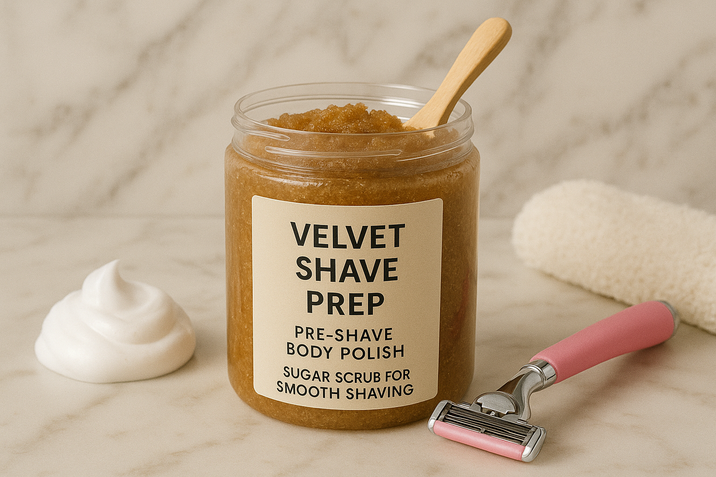 Jar of velvet shave prep with a pink razor on a neutral background