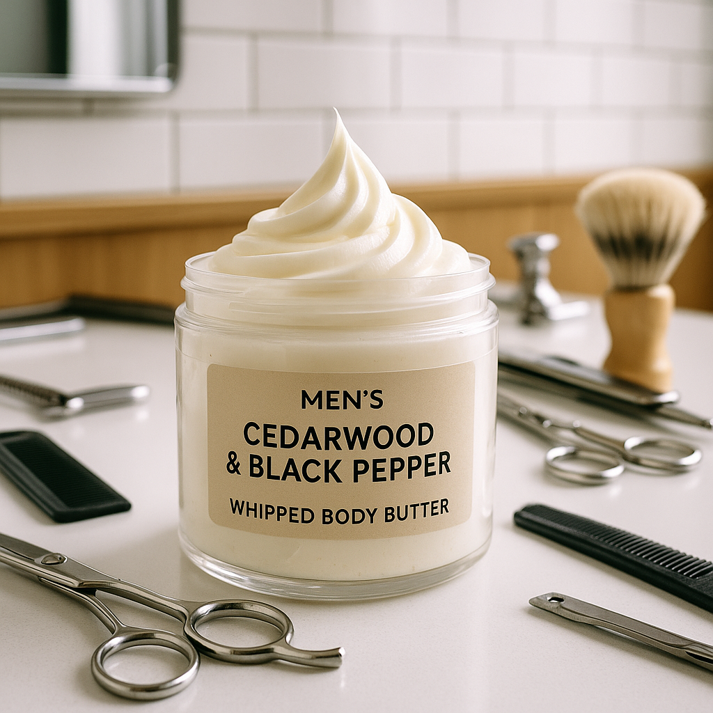 Jar of Men's Cedarwood & Black Pepper Whipped Body Butter on a bathroom counter with grooming tools.