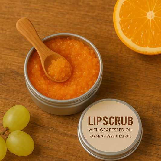 Lipscrub with grapeseed oil and orange essential oil on a wooden surface with an orange and grapes.