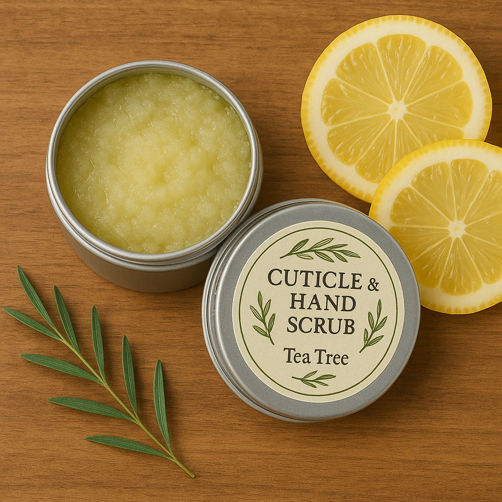 Cuticle and hand scrub in a tin with tea tree oil label, surrounded by lemon slices and leaves on a wooden surface.