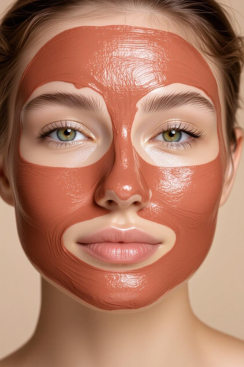 Model with a brown cacao face mask applied to her face, leaving areas around the eyes, lips, and eyebrows uncovered.
