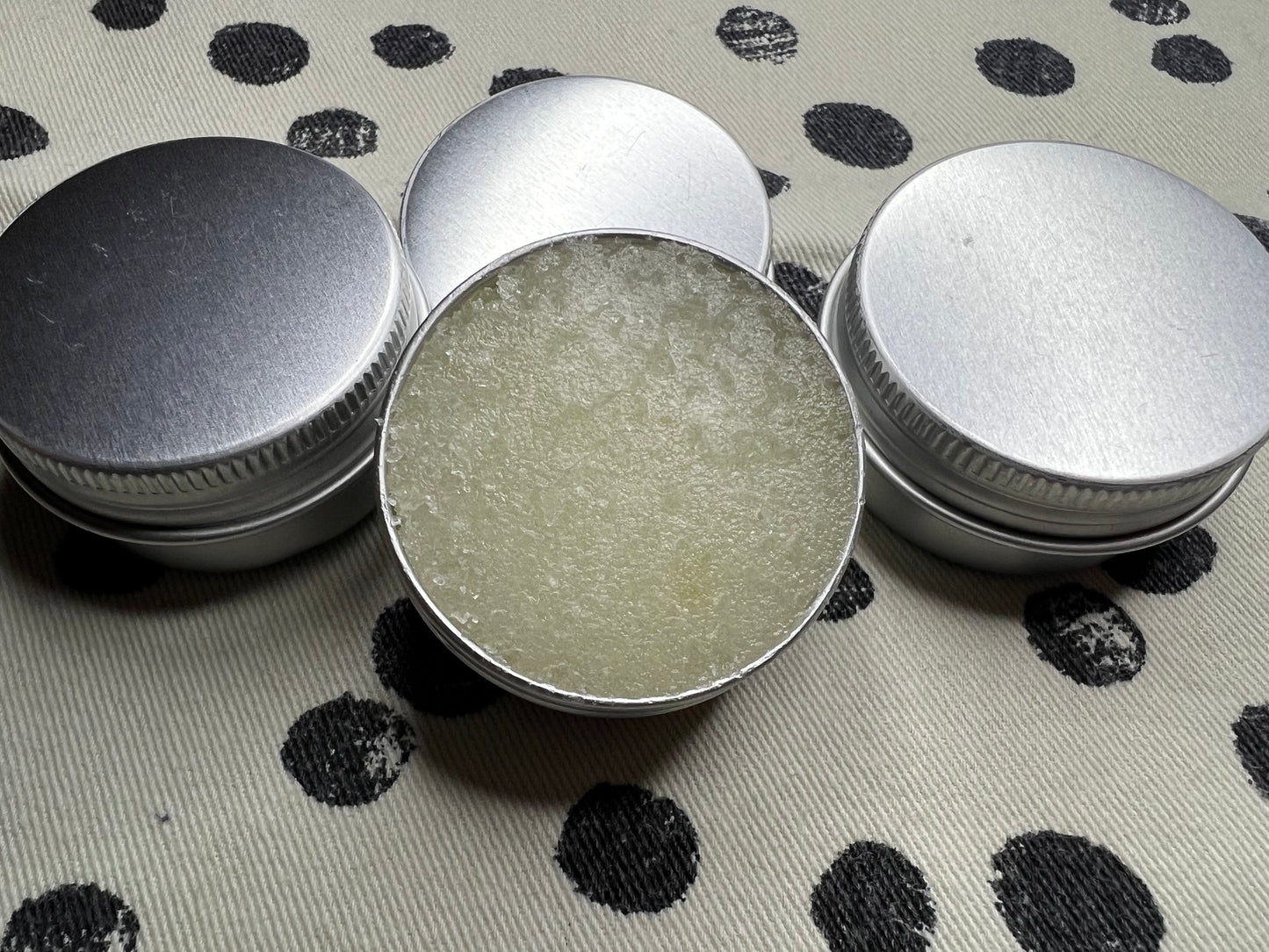 Handmade lip scrub in silver tins – vegan and honey options with essential oils