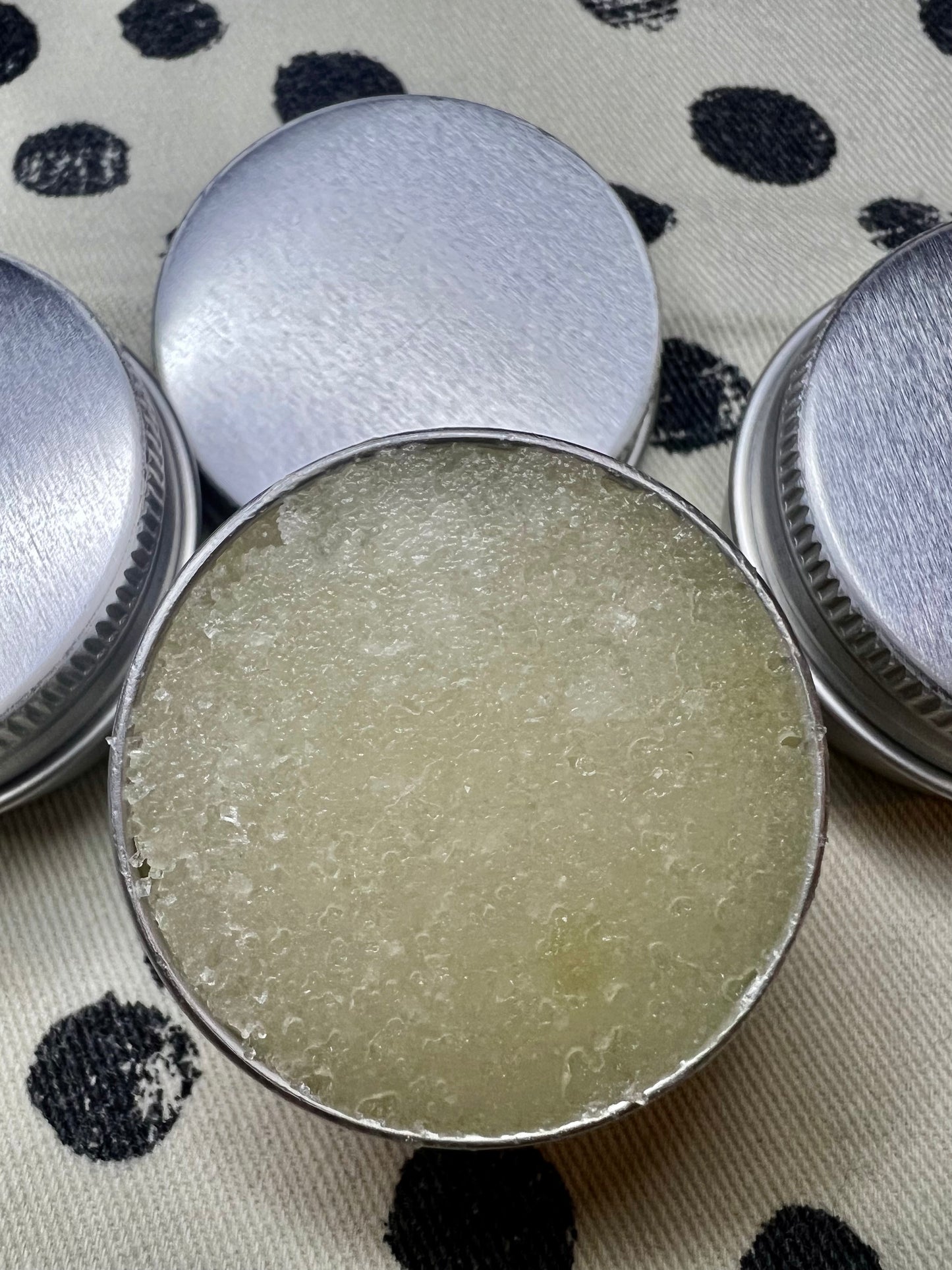 Natural aromatherapy lip scrub in silver tin – exfoliating and hydrating formula
