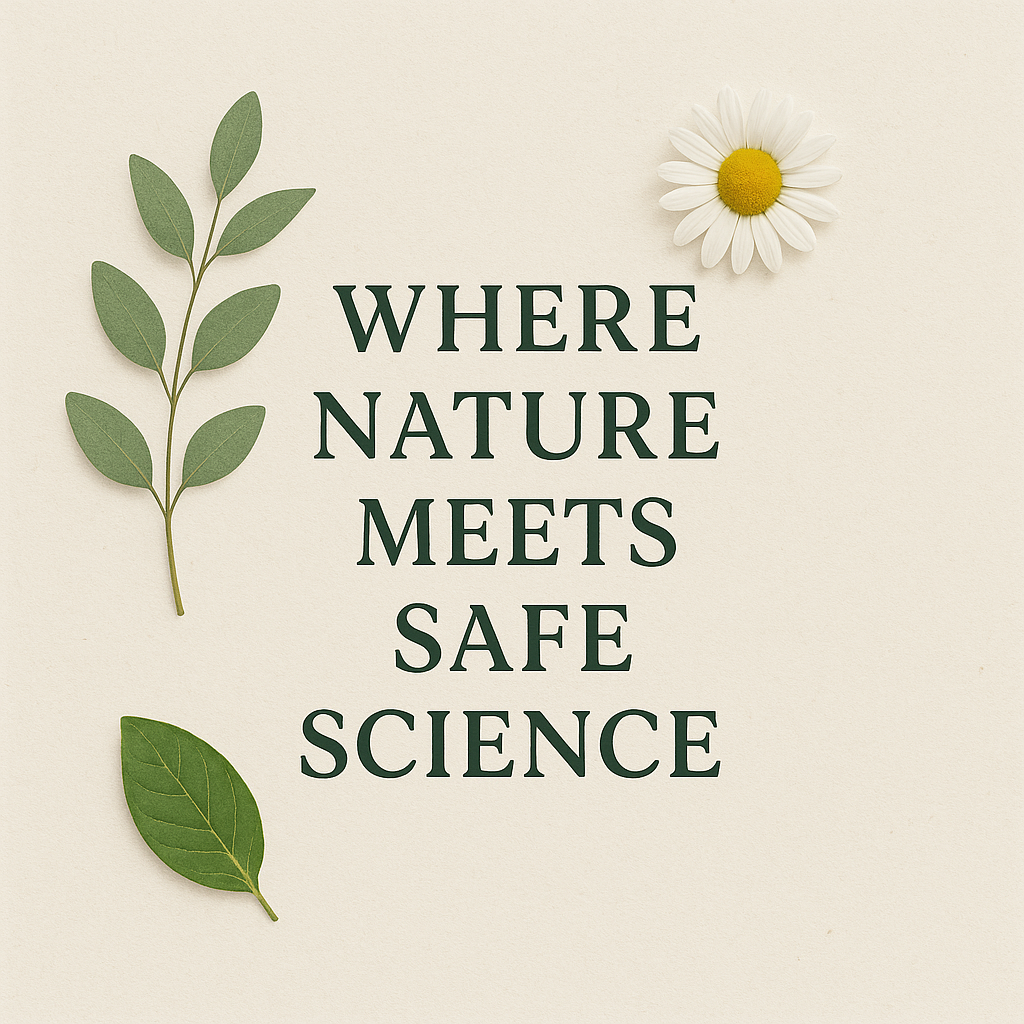 Minimalist design with leaves and a chamomile flower, showing the text ‘Where Nature Meets Safe Science’ – natural skincare slogan for Soul ’n Body blog.
