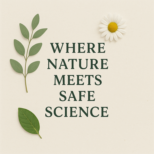 Minimalist design with leaves and a chamomile flower, showing the text ‘Where Nature Meets Safe Science’ – natural skincare slogan for Soul ’n Body blog.
