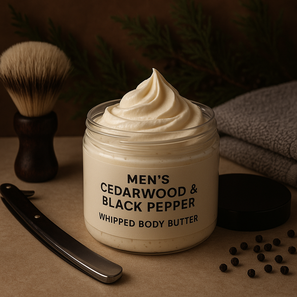 Jar of Men's Cedarwood & Black Pepper Whipped Body Butter with shaving brush and razor on a brown background