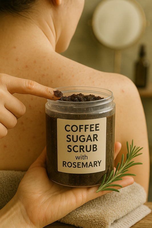 Person holding a jar of coffee sugar scrub with rosemary, applying it to their shoulder.