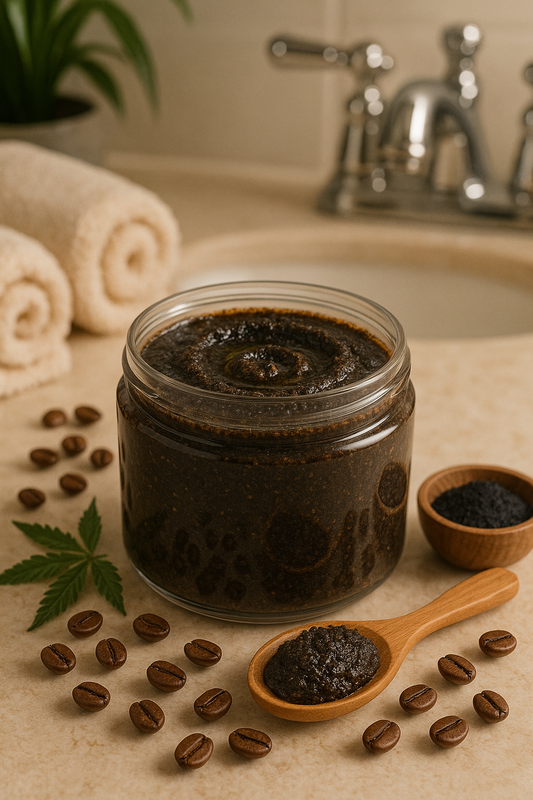 Detox Foot Scrub with hemp seed oil and charcoal in amber jar, natural handmade skincare for soft smooth feet