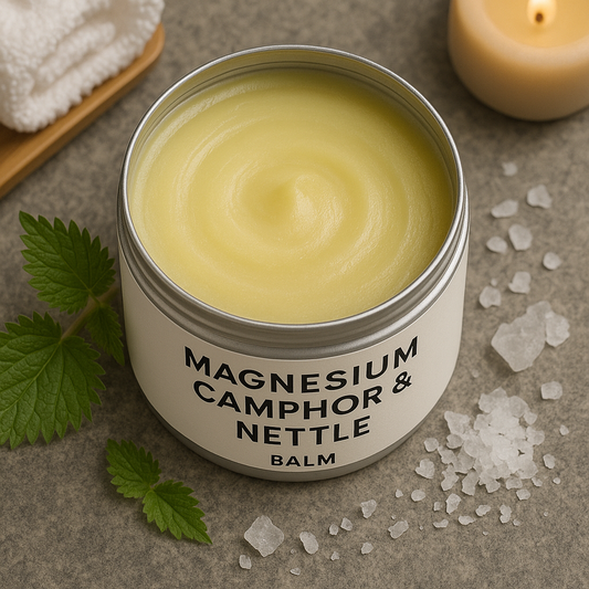 Balm container labeled 'Magnesium Camphor & Nettle Balm' on a textured surface with leaves and crystals.