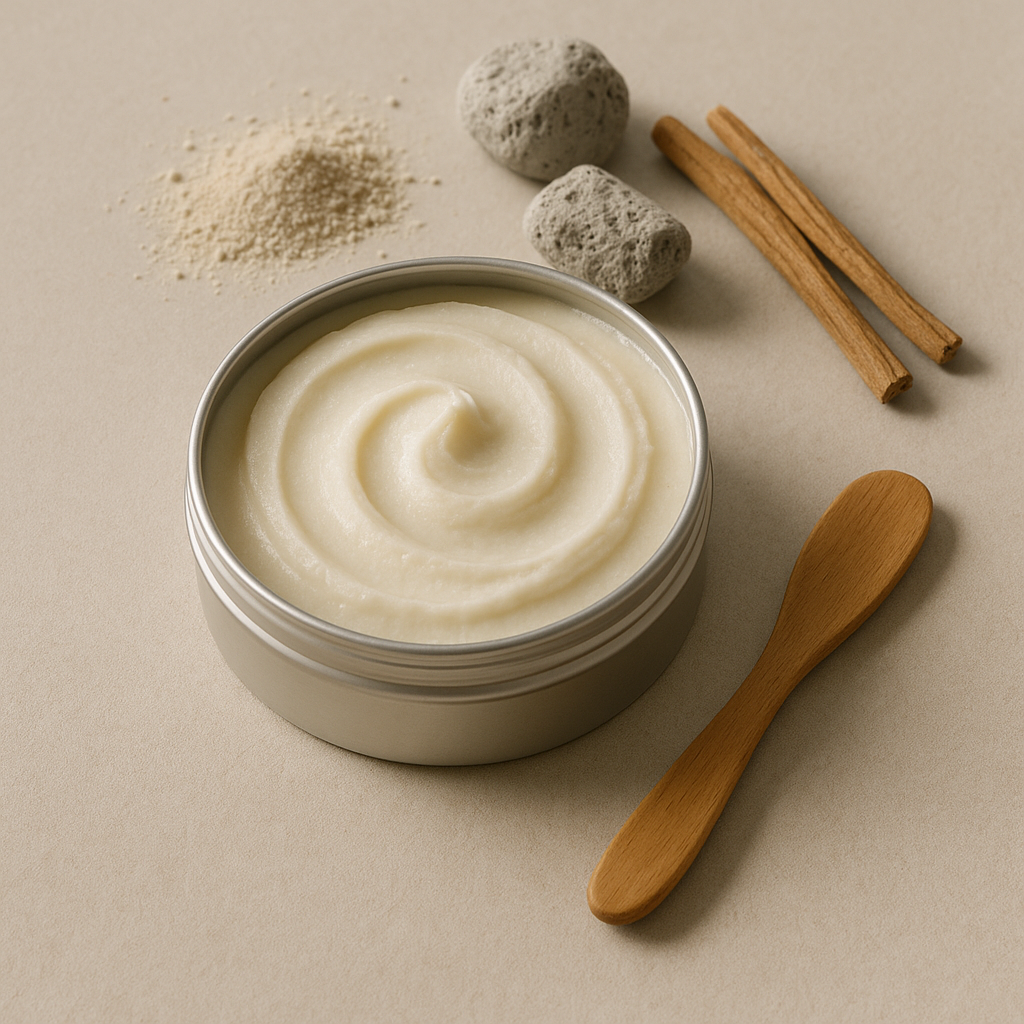 Jar of cleansing balm with wooden spoon, stones, and sticks on a beige background