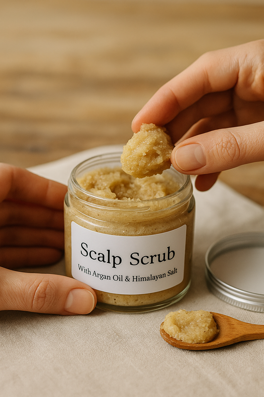 Jar of scalp scrub with spoonful of product – natural exfoliating hair treatment.