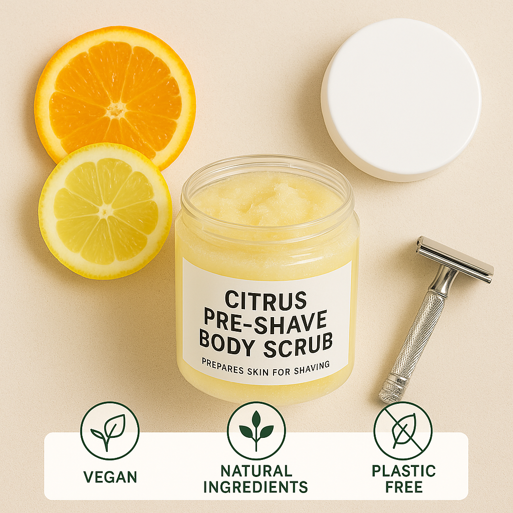 Jar of citrus pre-shave body scrub with lemons, razor, and labels on a beige background