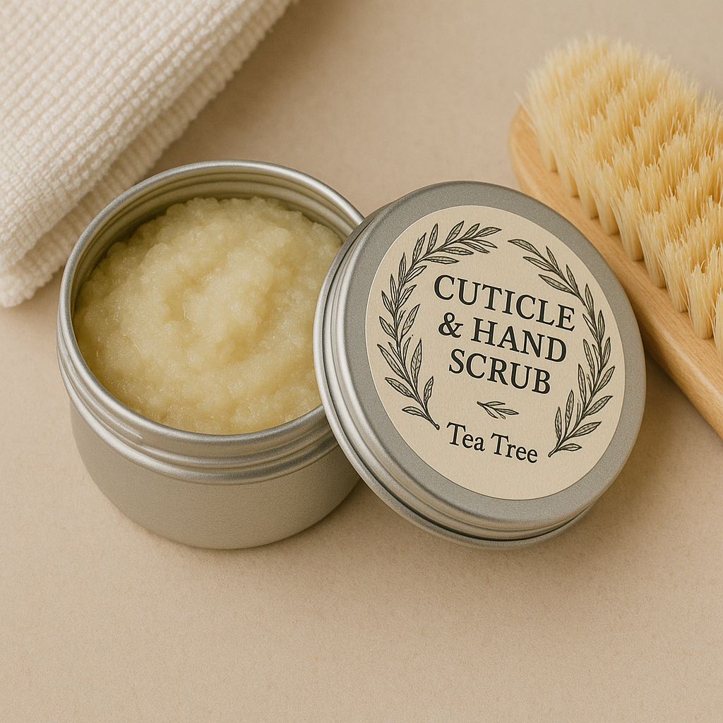 Cuticle and hand scrub in a metal tin with a wooden brush and towel on a beige background
