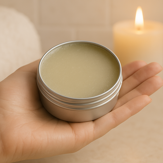 Hand holding a round silver tin of natural cleansing balm for face, rich in nourishing oils and butters, with a glowing candle in the background – all-natural skincare product.