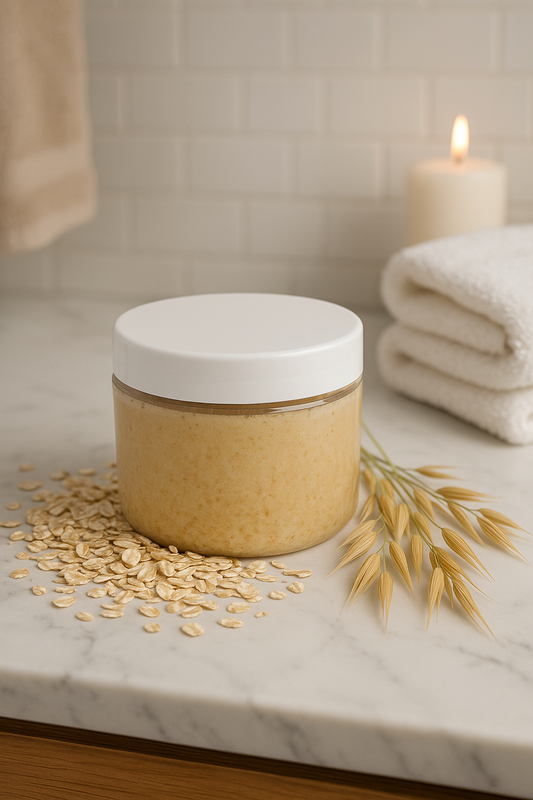 Jar of oatmeal cleansing balm from soul n body on a marble surface with oats and a candle in the background