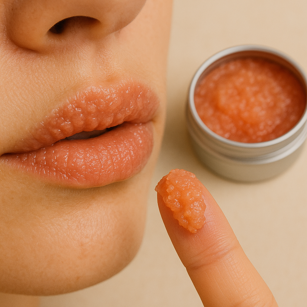 Close-up of lips with natural shea butter sugar lip scrub applied using a fingertip